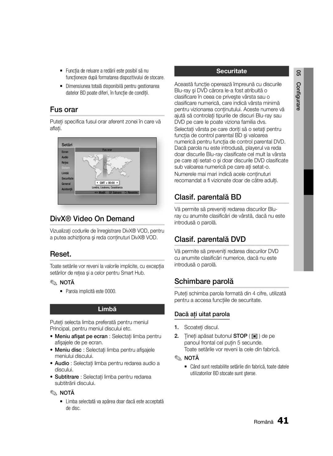 Samsung BD-D7000/EN Fus orar, DivX Video On Demand, Reset, Clasif. parentală BD, Clasif. parentală DVD, Schimbare parolă 