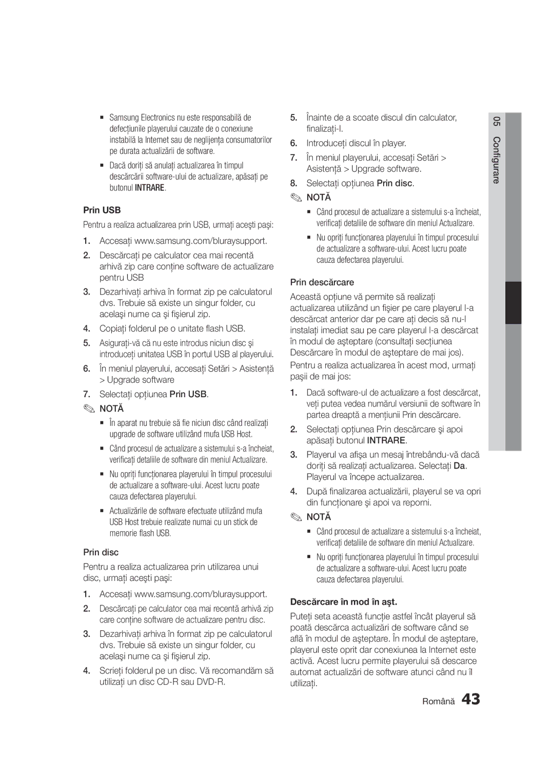 Samsung BD-D7000/EN manual Prin USB, Copiaţi folderul pe o unitate flash USB, Selectaţi opţiunea Prin disc, Prin descărcare 