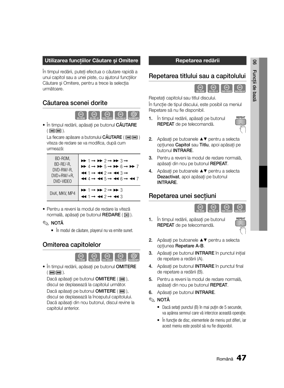 Samsung BD-D7000/EN manual Căutarea scenei dorite, Omiterea capitolelor, Repetarea titlului sau a capitolului 