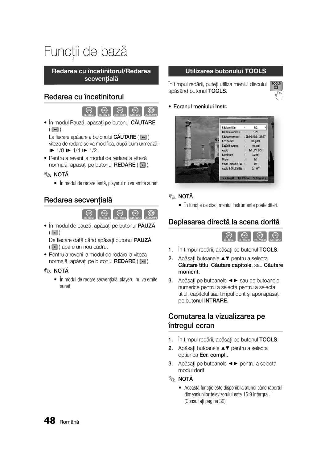 Samsung BD-D7000/EN manual Redarea cu încetinitorul, Redarea secvenţială, Deplasarea directă la scena dorită 