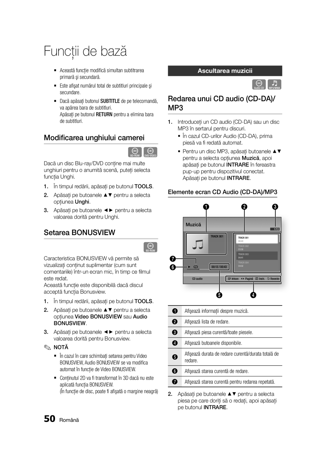 Samsung BD-D7000/EN Modificarea unghiului camerei, Setarea Bonusview, Redarea unui CD audio CD-DA/ MP3, Ascultarea muzicii 