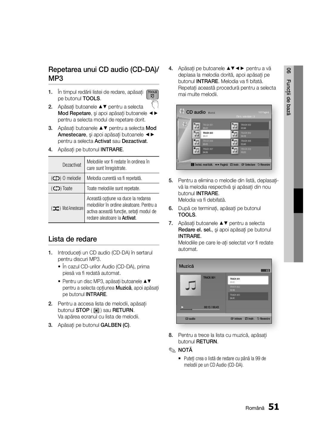 Samsung BD-D7000/EN manual Repetarea unui CD audio CD-DA/ MP3, Lista de redare 