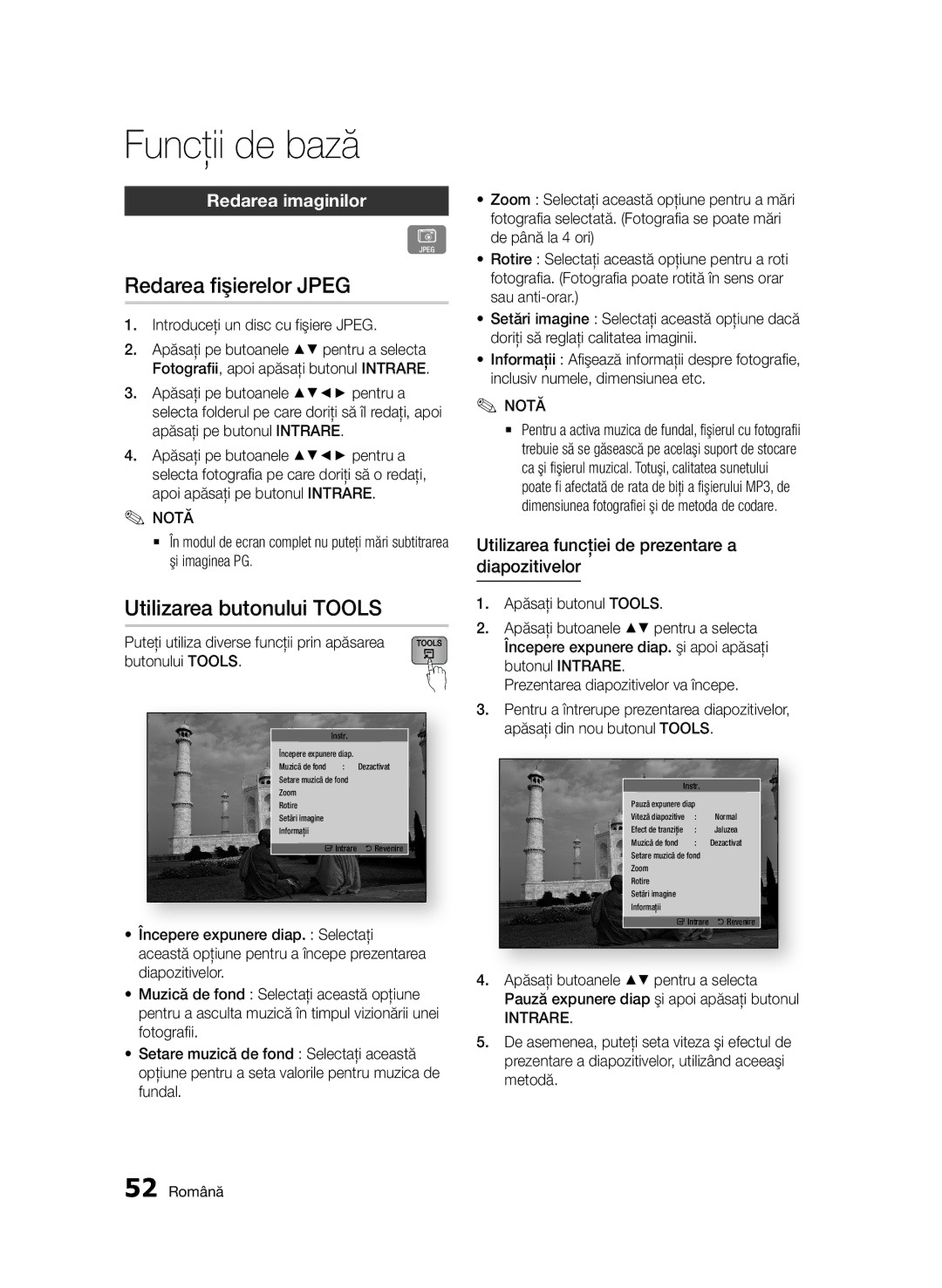 Samsung BD-D7000/EN manual Redarea fişierelor Jpeg, Utilizarea butonului Tools, Redarea imaginilor 