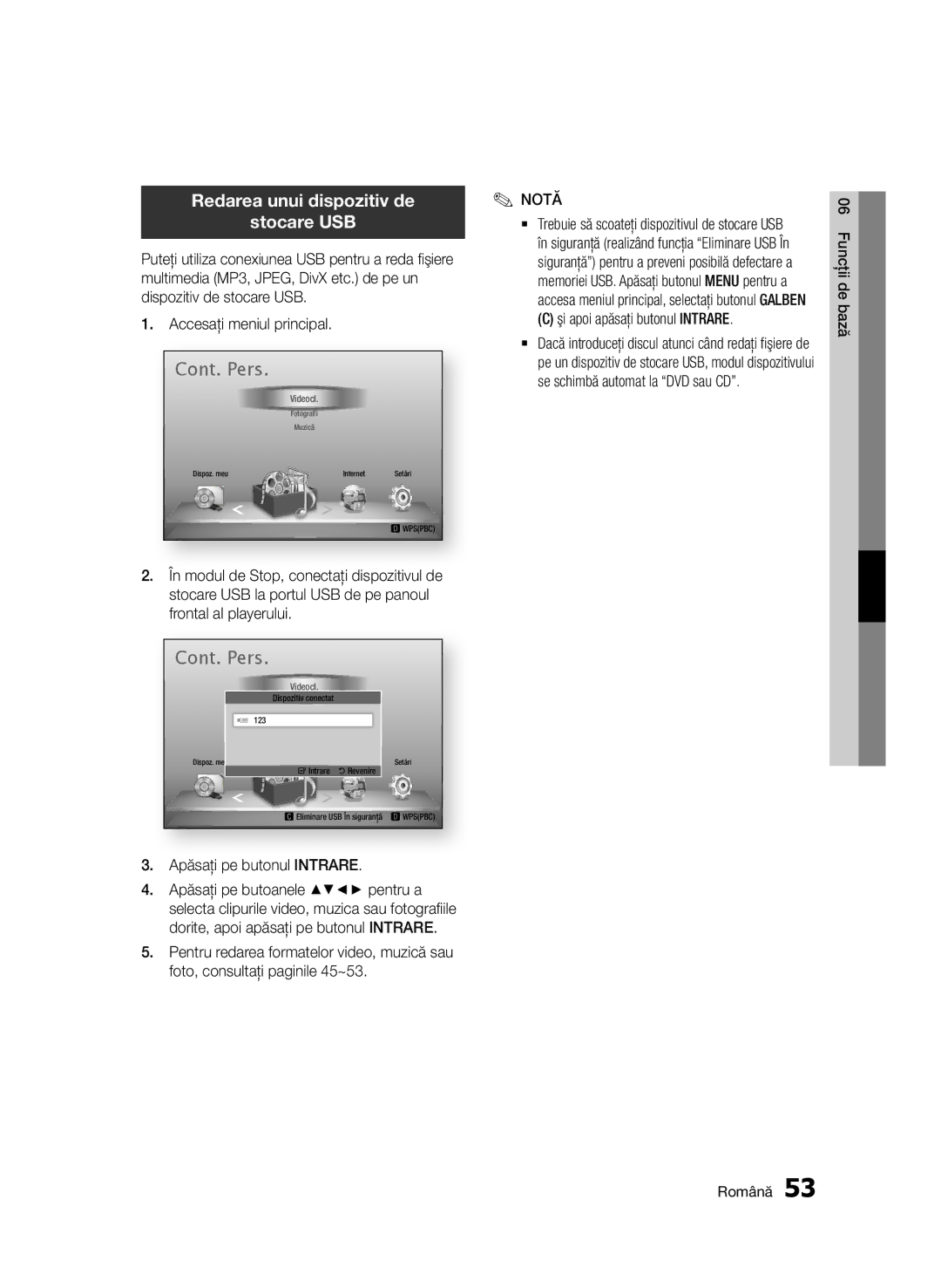 Samsung BD-D7000/EN manual Redarea unui dispozitiv de Stocare USB 