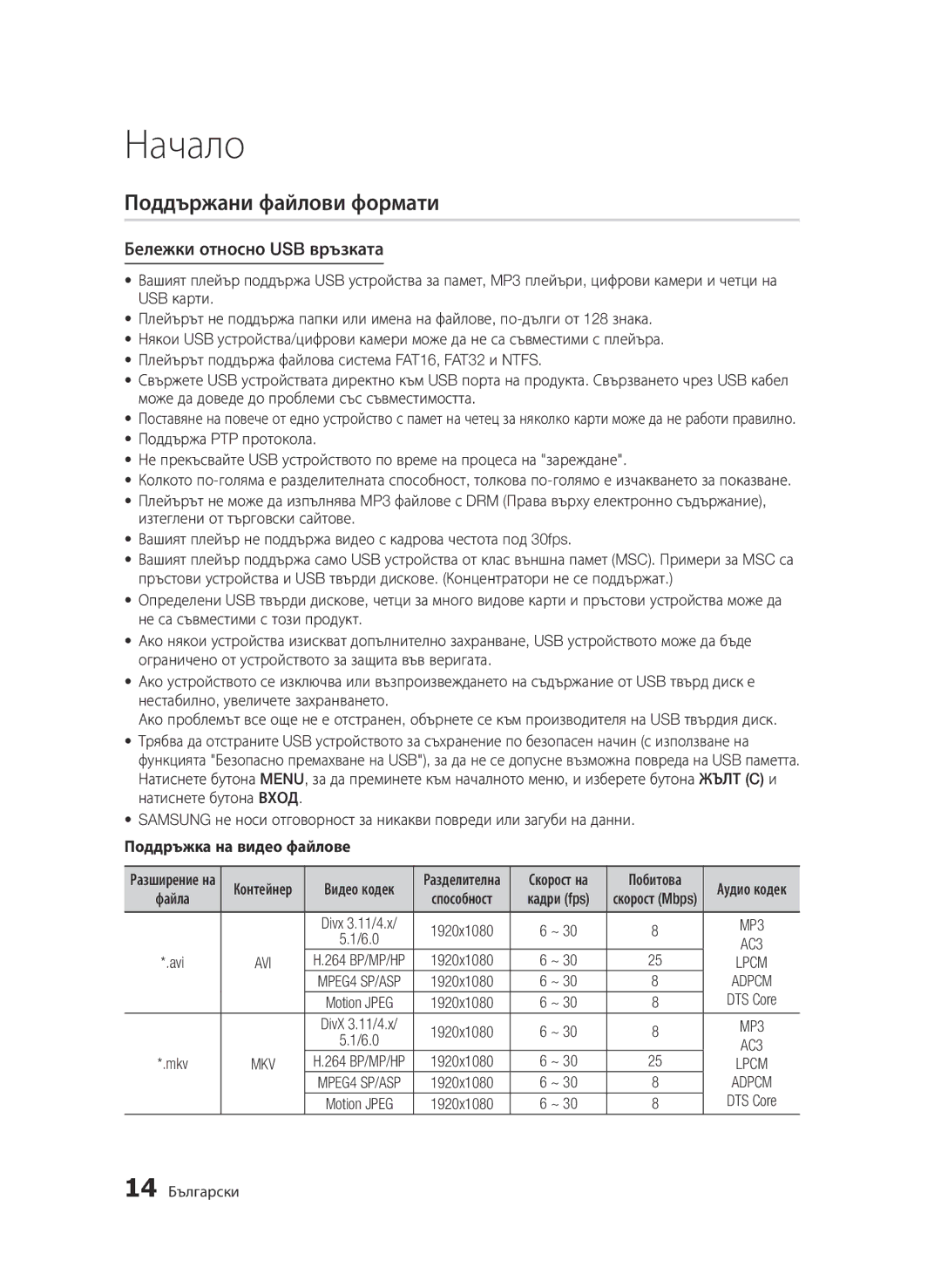 Samsung BD-D7000/EN manual Поддържани файлови формати, Бележки относно USB връзката, Поддръжка на видео файлове 