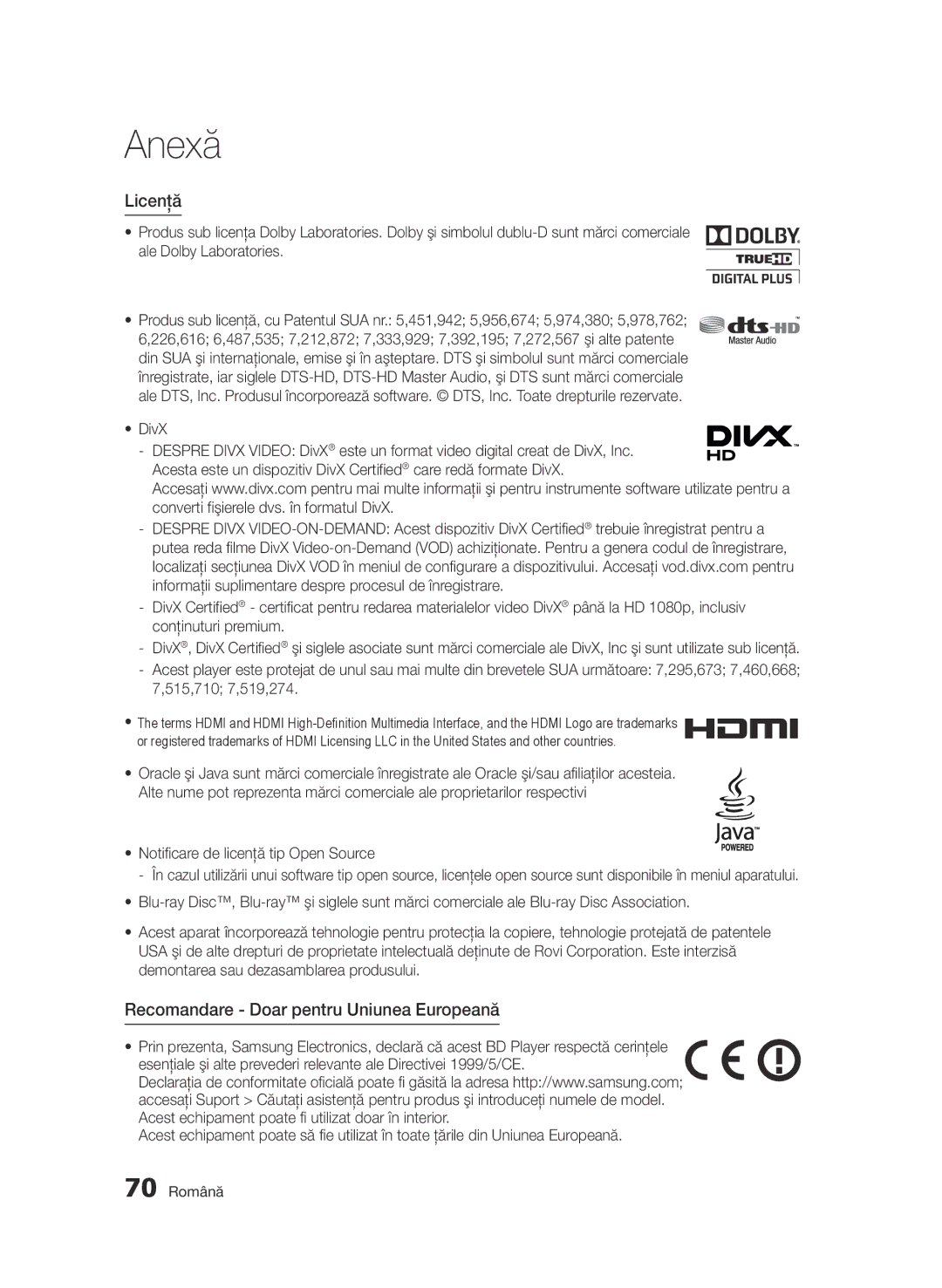 Samsung BD-D7000/EN manual Licenţă, Recomandare Doar pentru Uniunea Europeană, 515,710 7,519,274, 70 Română 