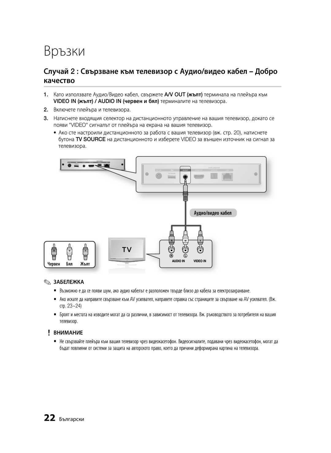 Samsung BD-D7000/EN manual Аудио/видео кабел, 22 Български, Червен Бял Жълт 