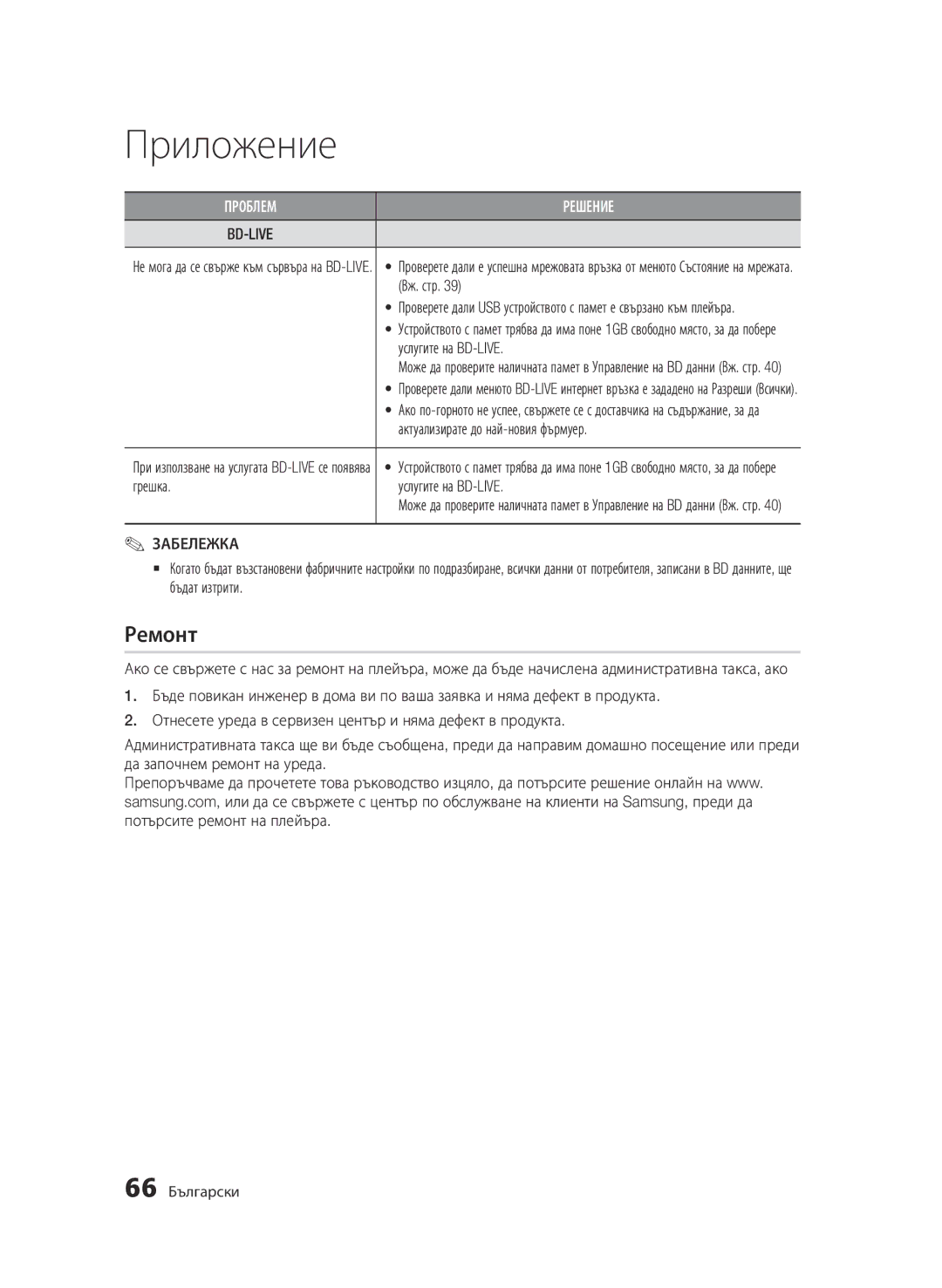 Samsung BD-D7000/EN manual Ремонт, Вж. стр, Актуализирате до най-новия фърмуер, Грешка Услугите на BD-LIVE 