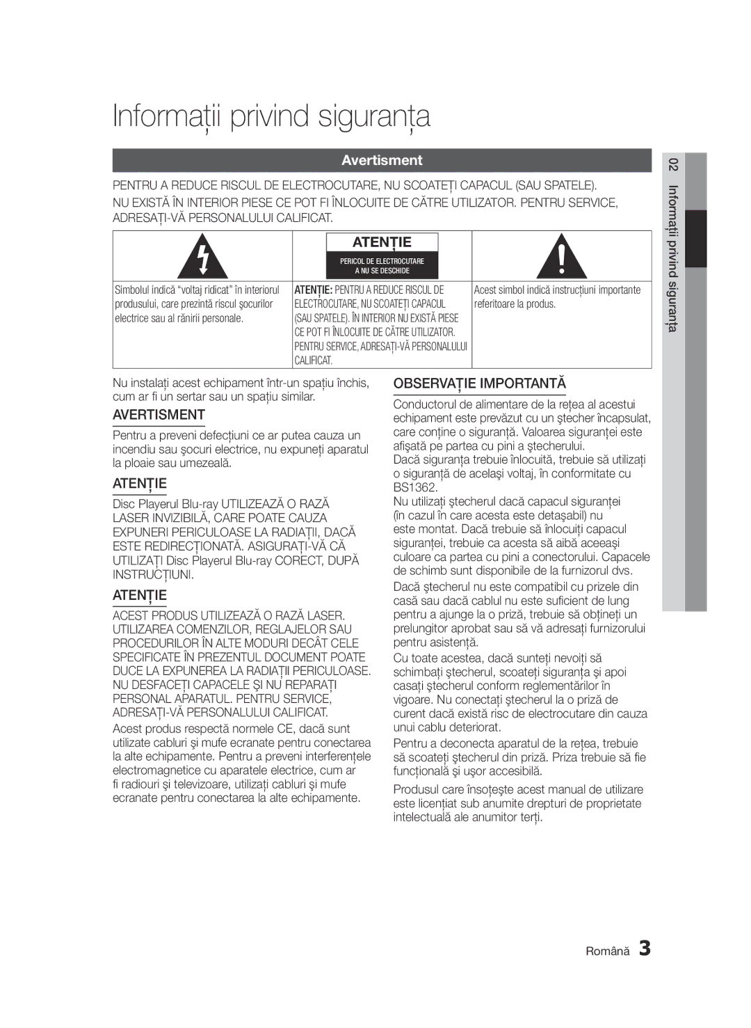 Samsung BD-D7000/EN manual Informaţii privind siguranţa, Avertisment 