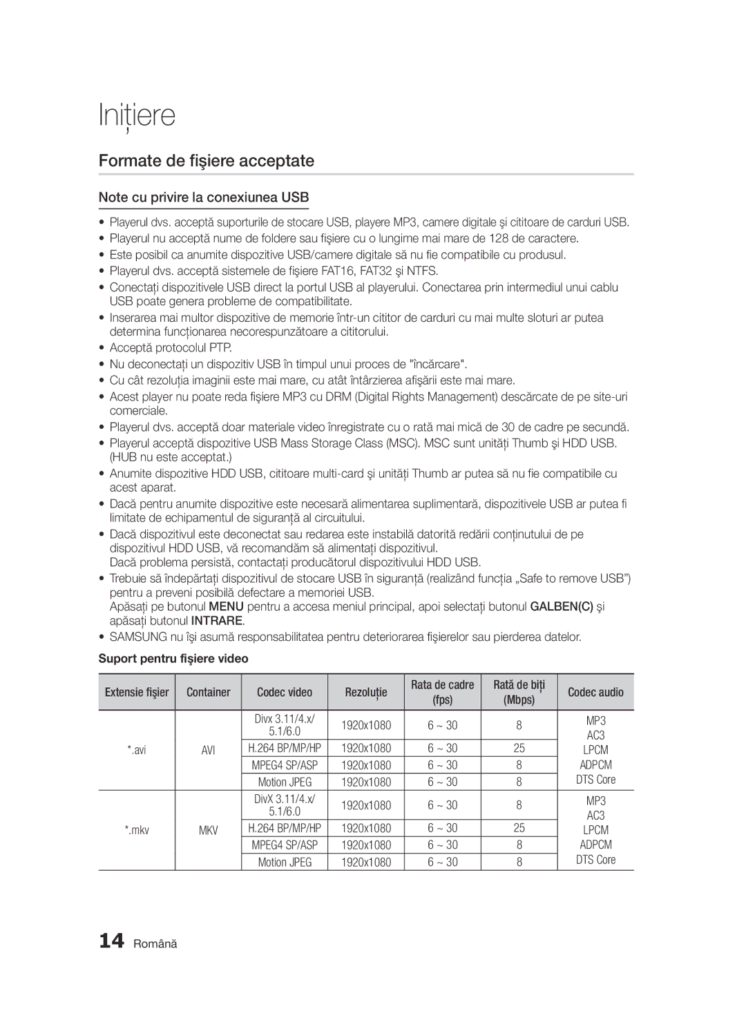 Samsung BD-D7000/EN manual Formate de fişiere acceptate, Suport pentru fişiere video, 14 Română 