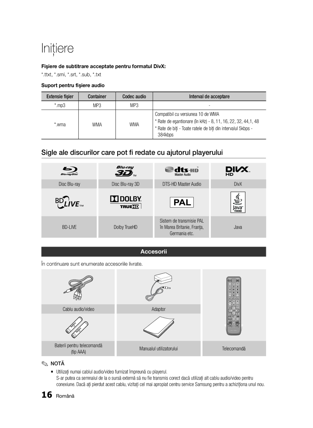 Samsung BD-D7000/EN manual Accesorii, Fişiere de subtitrare acceptate pentru formatul DivX, Suport pentru fişiere audio 