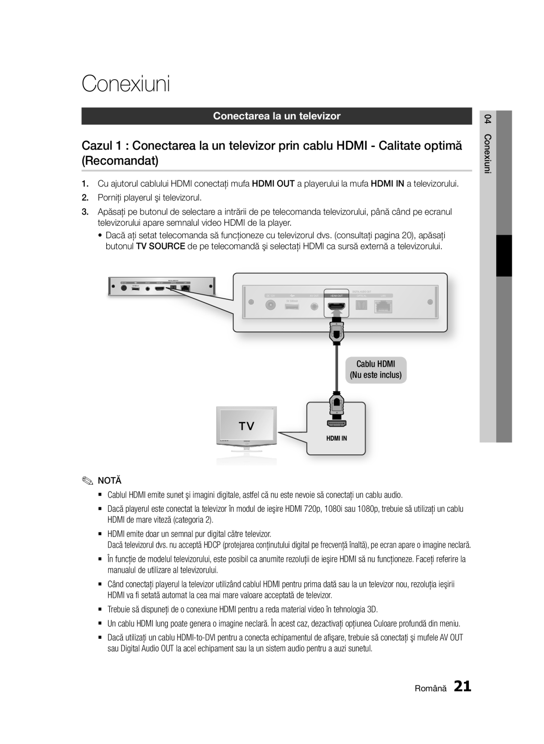 Samsung BD-D7000/EN manual Conexiuni, Conectarea la un televizor, Cablu Hdmi Nu este inclus 