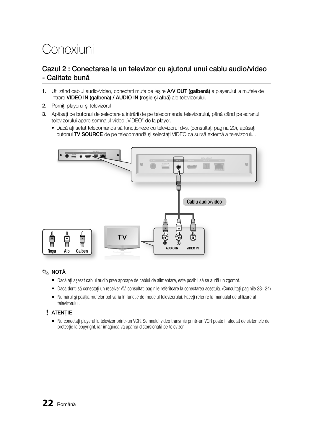 Samsung BD-D7000/EN manual Cablu audio/video, Televizorului, 22 Română, Roşu Alb Galben 