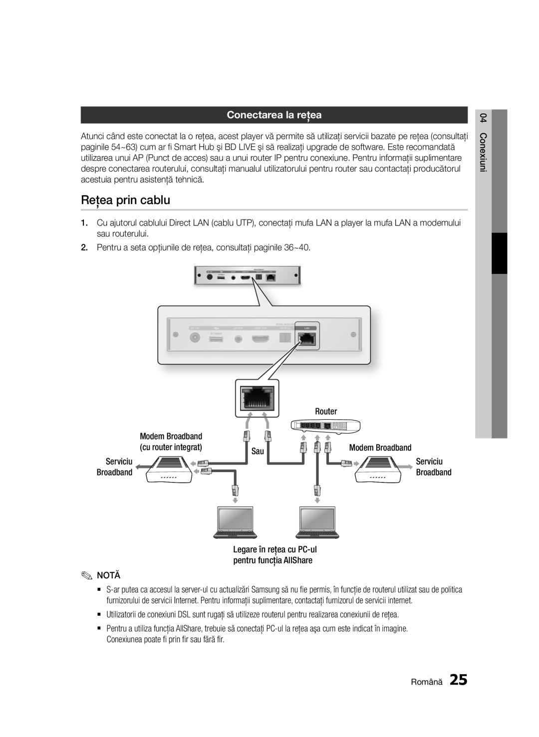 Samsung BD-D7000/EN manual Reţea prin cablu, Conectarea la reţea, Modem Broadband Cu router integrat Serviciu Router 