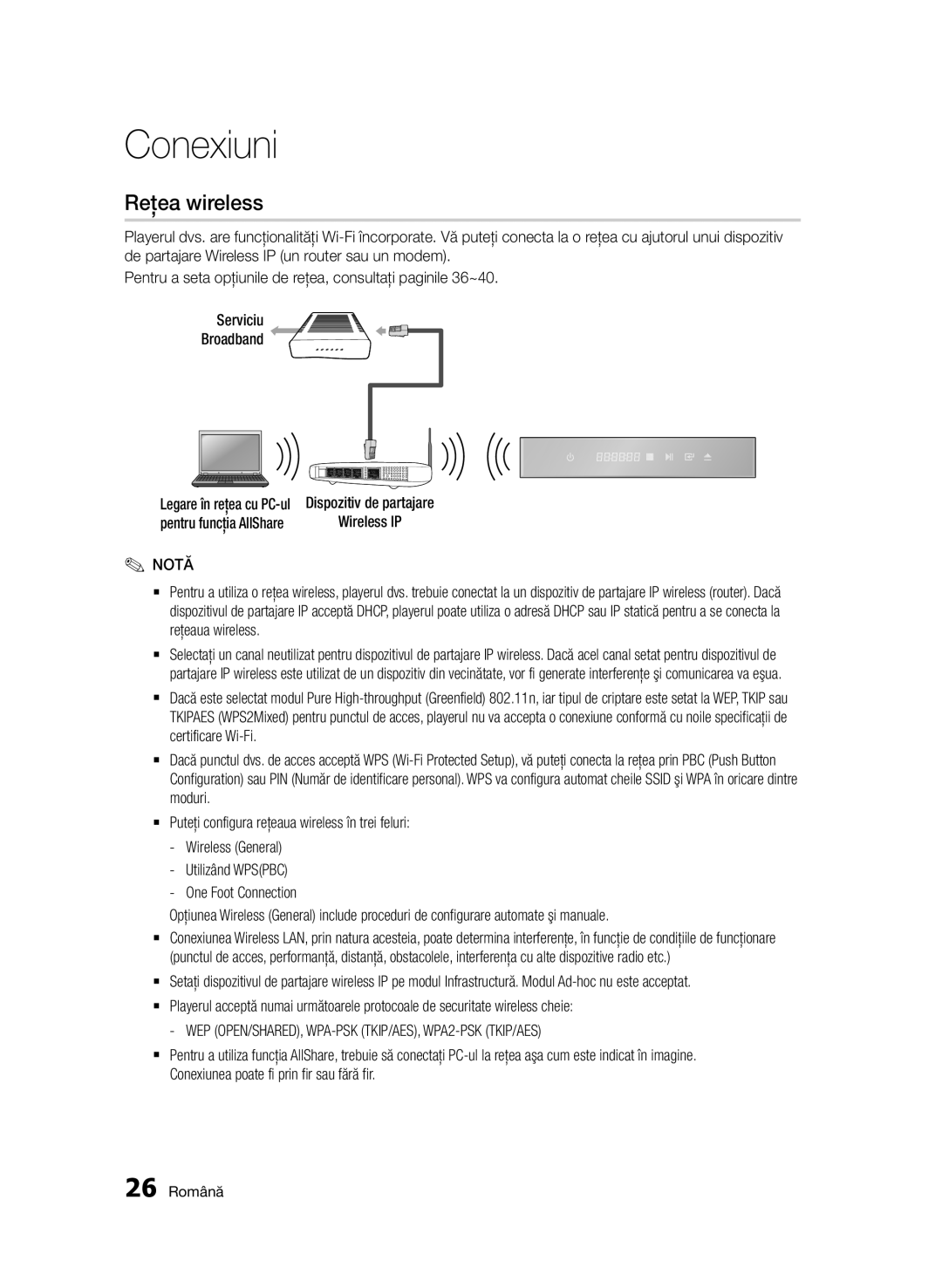 Samsung BD-D7000/EN manual Reţea wireless, 26 Română, Pentru funcţia AllShare 