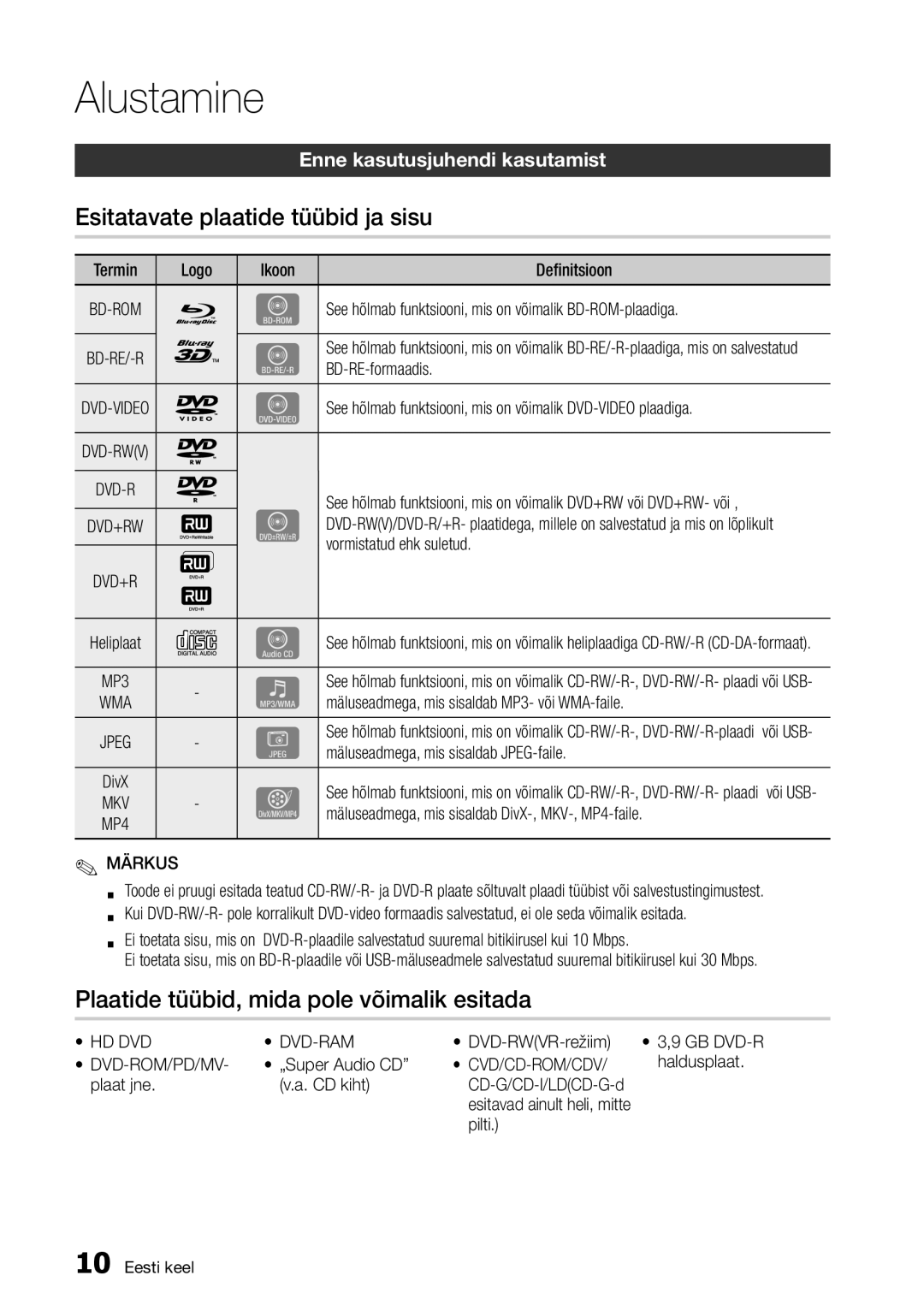 Samsung BD-D7000/EN manual Alustamine, Esitatavate plaatide tüübid ja sisu, Plaatide tüübid, mida pole võimalik esitada 