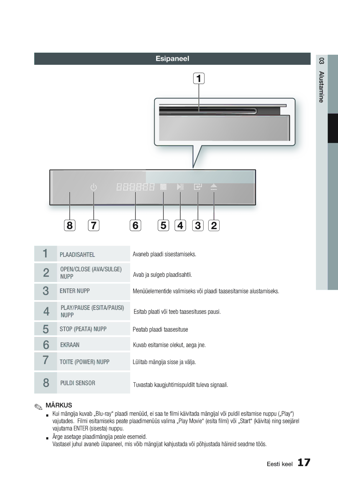 Samsung BD-D7000/EN manual Esipaneel, Enter Nupp 