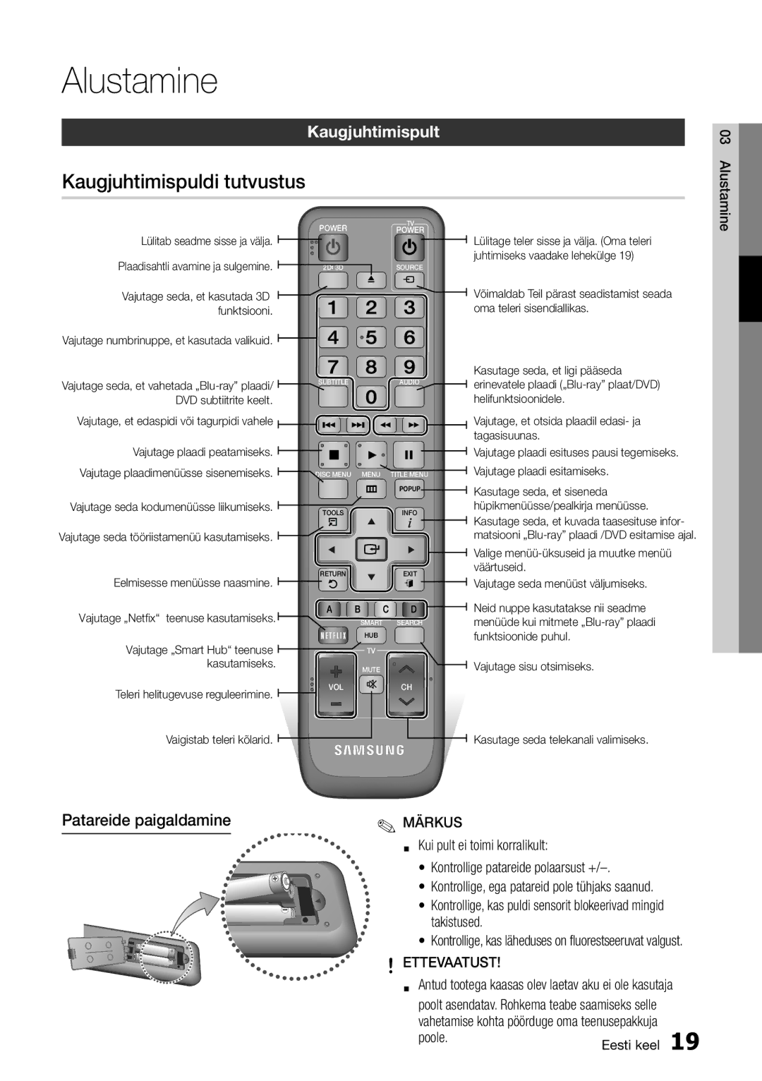 Samsung BD-D7000/EN manual Kaugjuhtimispuldi tutvustus, Kaugjuhtimispult, Patareide paigaldamine, Ettevaatust 