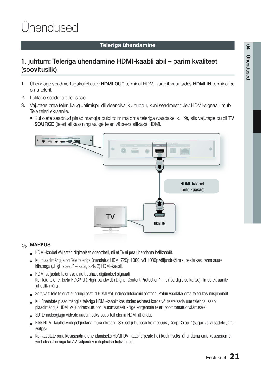 Samsung BD-D7000/EN manual Ühendused, Teleriga ühendamine 