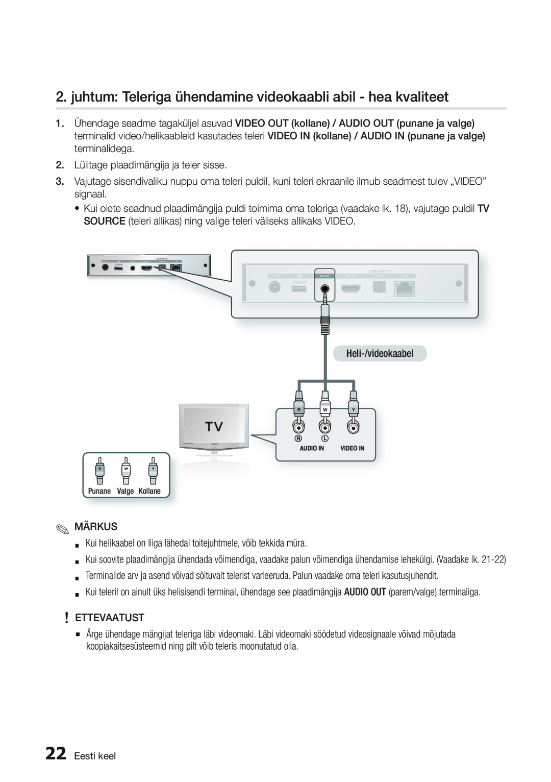 Samsung BD-D7000/EN manual Juhtum Teleriga ühendamine videokaabli abil hea kvaliteet, Heli-/videokaabel 