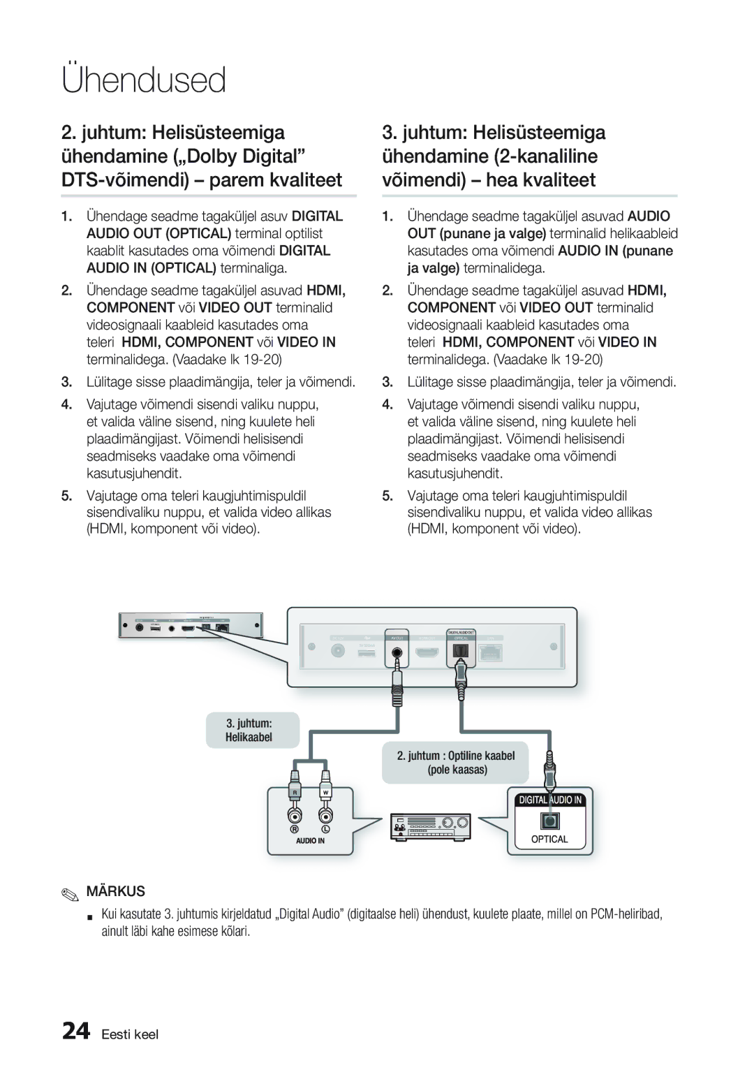 Samsung BD-D7000/EN manual Juhtum Helisüsteemiga, Ühendamine „Dolby Digital DTS-võimendi parem kvaliteet 