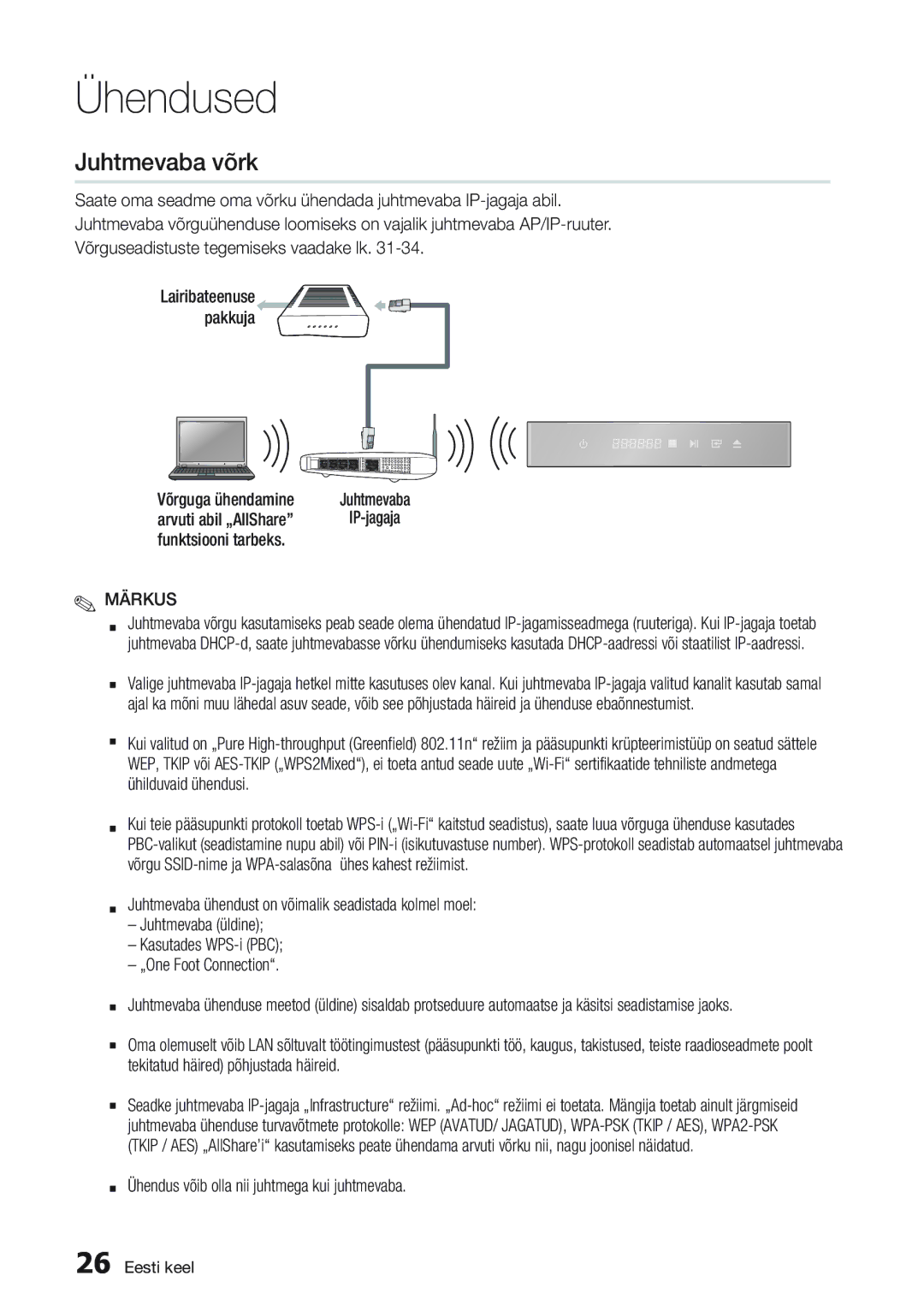 Samsung BD-D7000/EN manual Juhtmevaba võrk, Võrguga ühendamine, Arvuti abil „AllShare, Funktsiooni tarbeks 