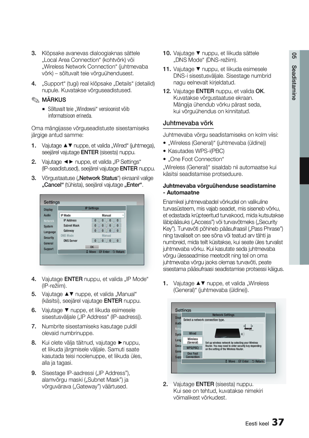 Samsung BD-D7000/EN manual Juhtmevaba võrk, Vajutage Enter nuppu, et valida „IP Mode IP-režiim 