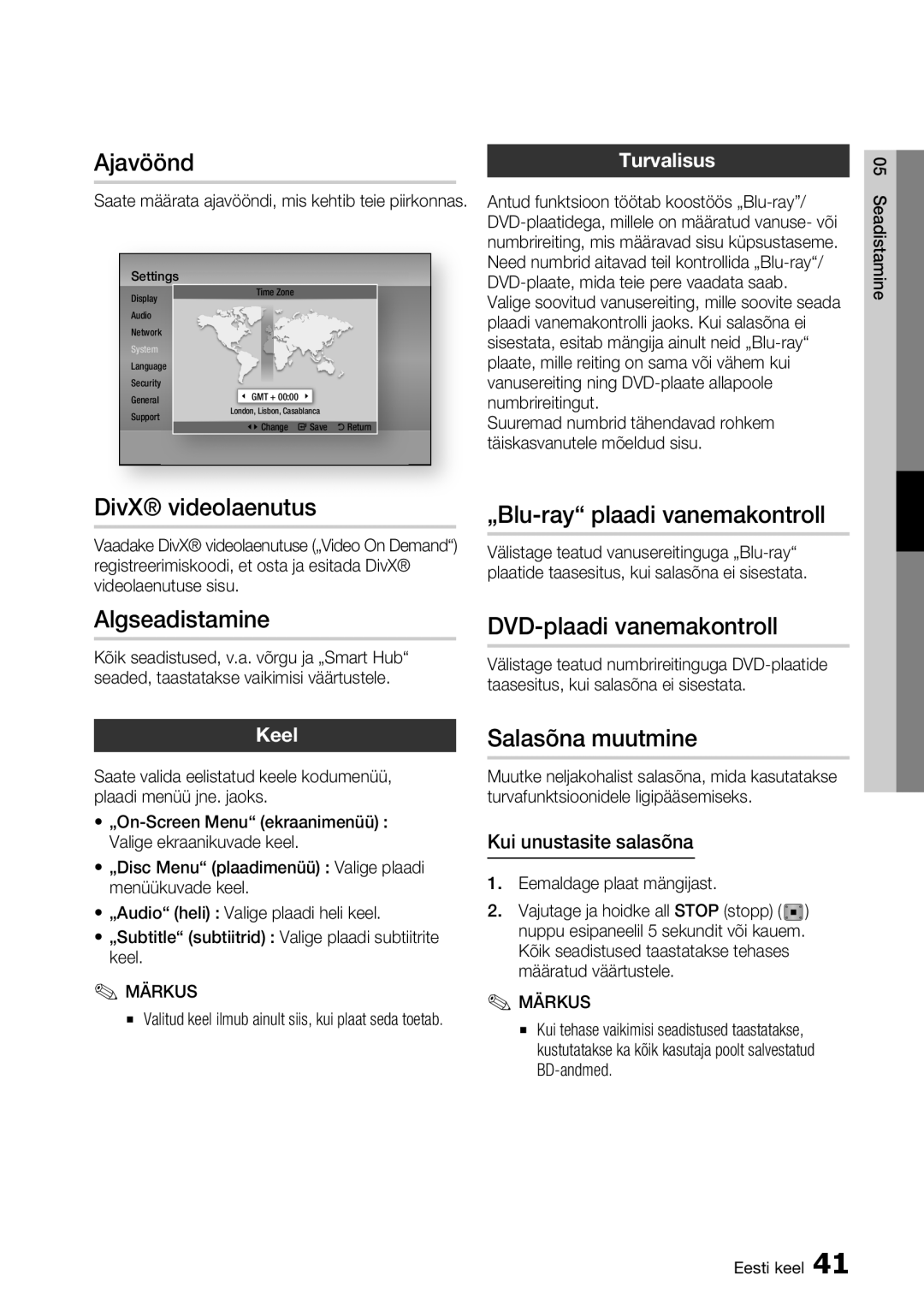 Samsung BD-D7000/EN manual DivX videolaenutus, Algseadistamine, „Blu-ray plaadi vanemakontroll, DVD-plaadi vanemakontroll 