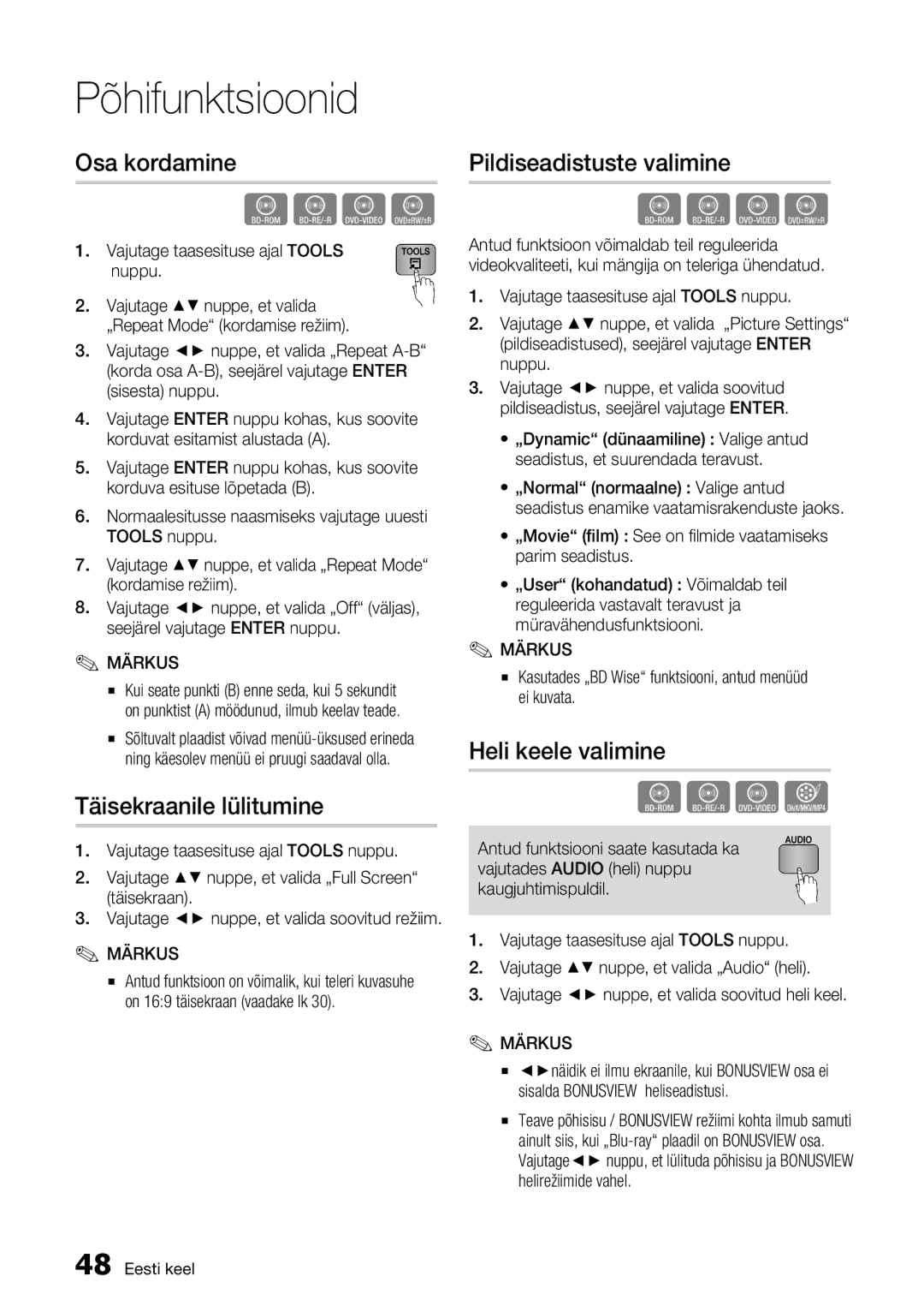 Samsung BD-D7000/EN manual Osa kordamine, Täisekraanile lülitumine, Pildiseadistuste valimine, Heli keele valimine 