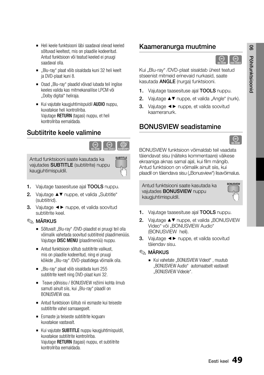 Samsung BD-D7000/EN manual Subtiitrite keele valimine, Kaameranurga muutmine, Bonusview seadistamine 