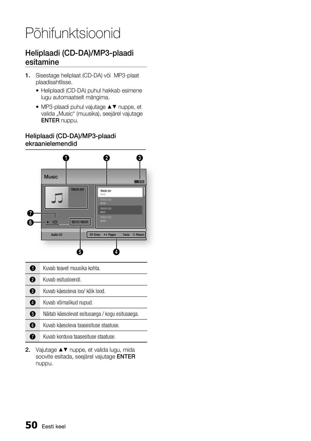 Samsung BD-D7000/EN manual Heliplaadi CD-DA/MP3-plaadi esitamine 