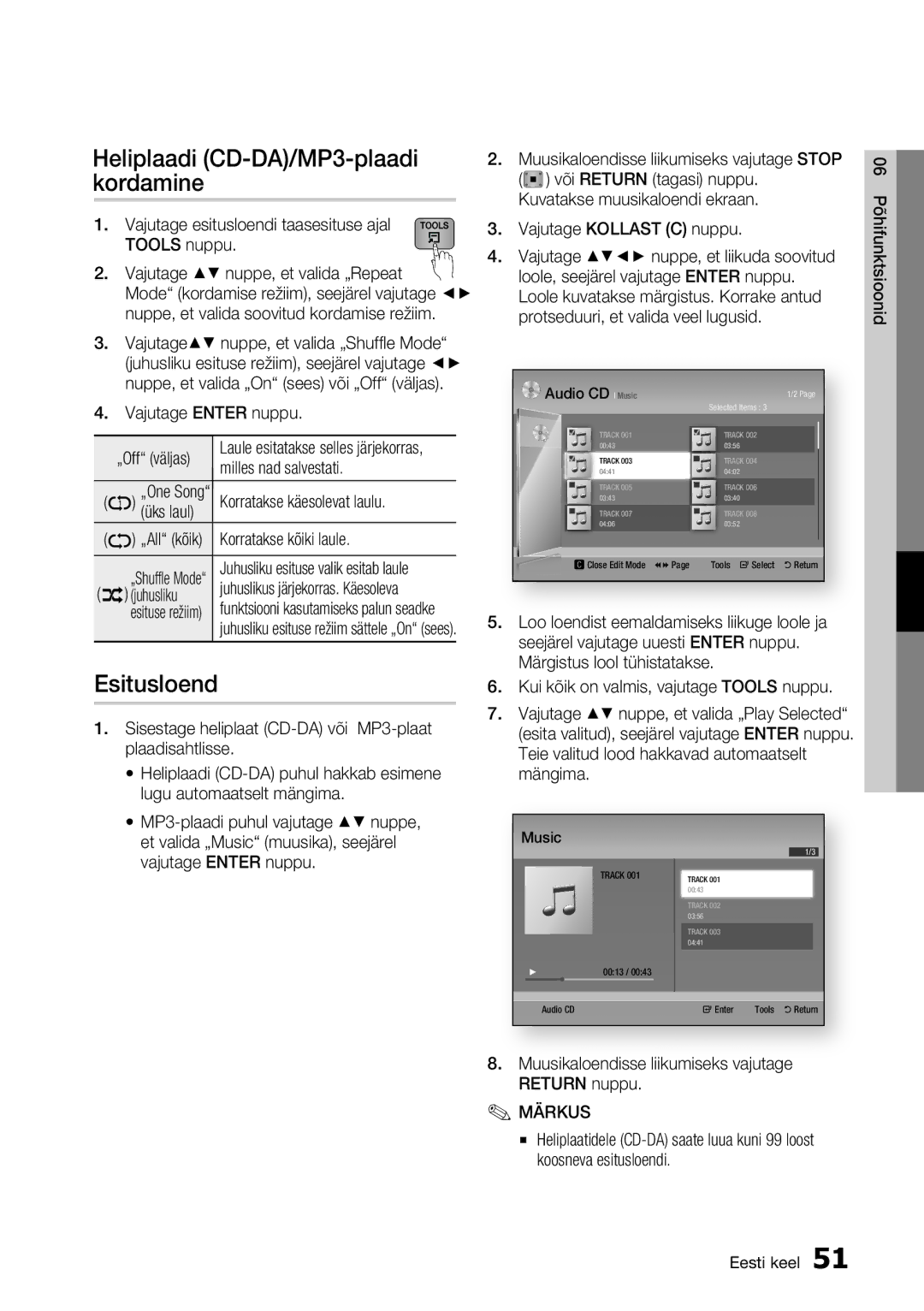 Samsung BD-D7000/EN manual Heliplaadi CD-DA/MP3-plaadi kordamine, Esitusloend 