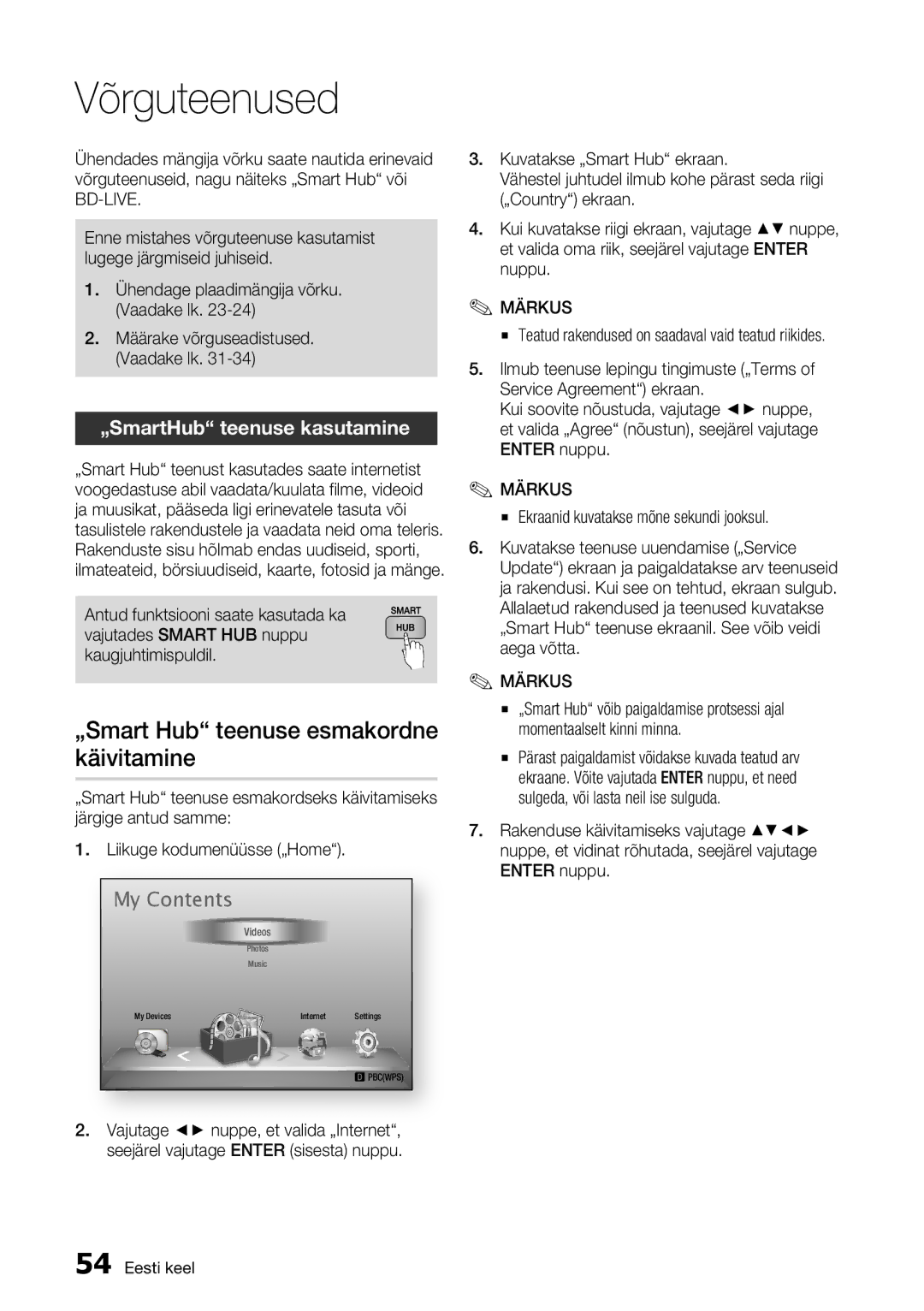 Samsung BD-D7000/EN manual Võrguteenused, „Smart Hub teenuse esmakordne käivitamine, „SmartHub teenuse kasutamine 