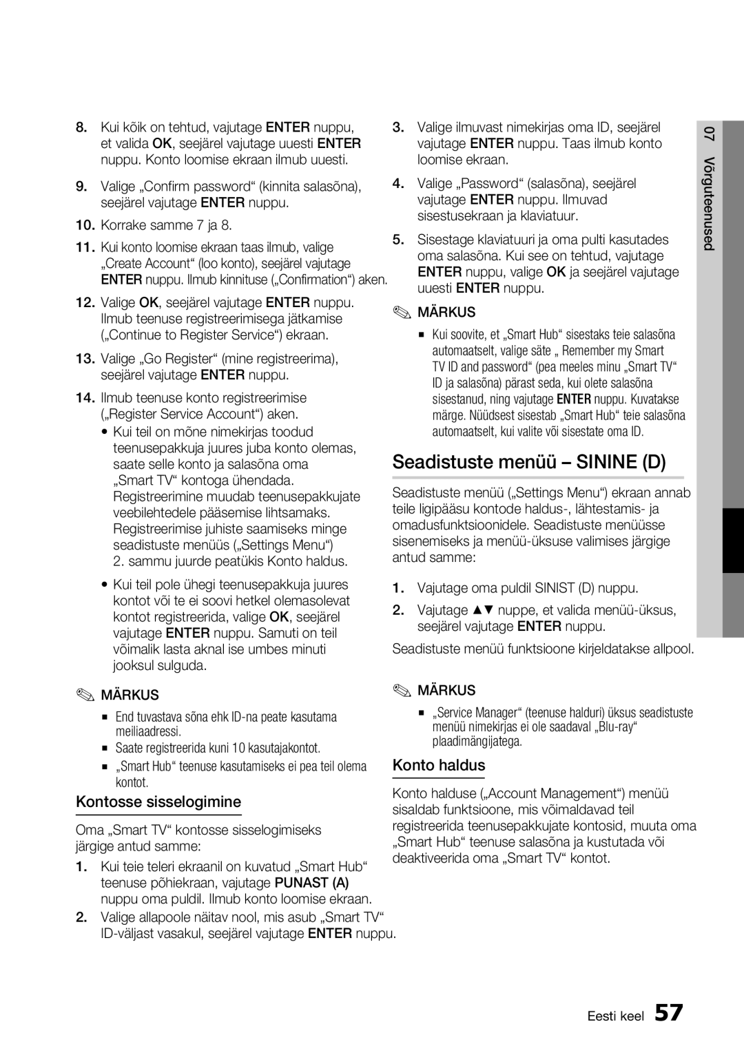 Samsung BD-D7000/EN manual Seadistuste menüü Sinine D, Kontosse sisselogimine, Korrake samme 7 ja 