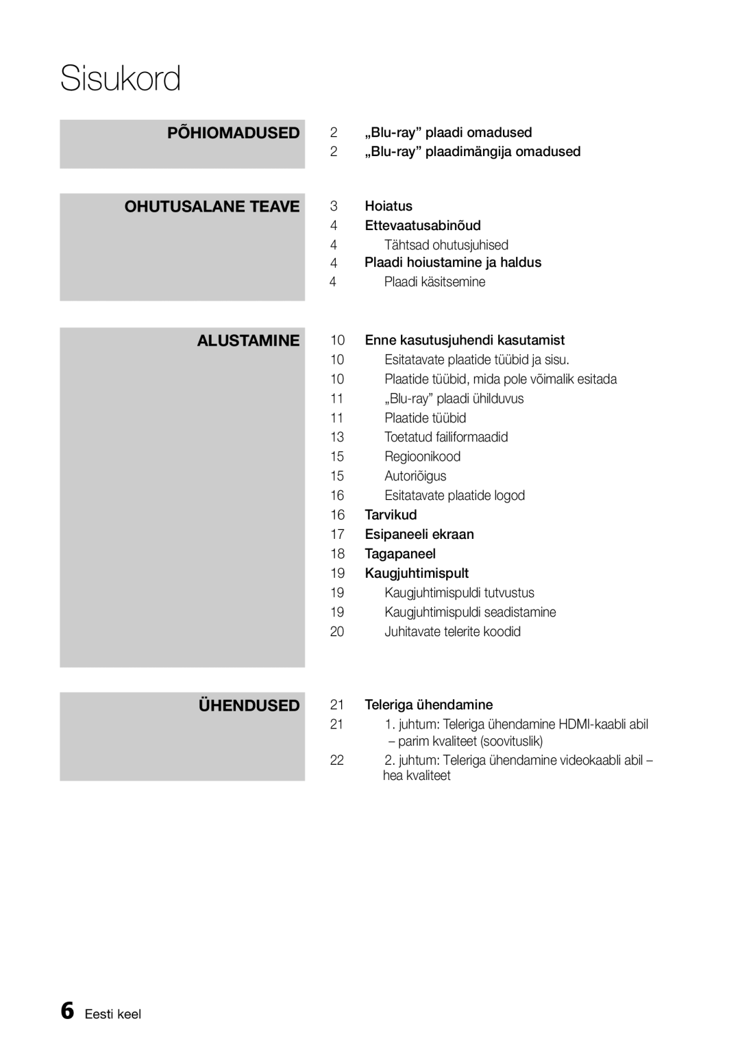 Samsung BD-D7000/EN manual Sisukord 