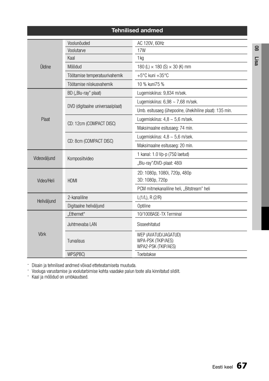 Samsung BD-D7000/EN manual Tehnilised andmed 