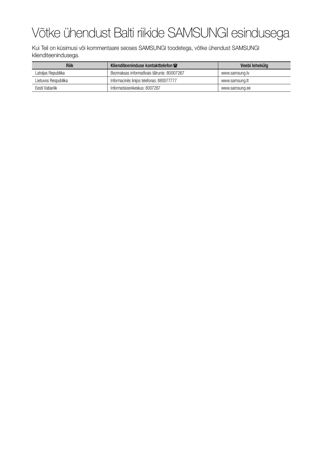 Samsung BD-D7000/EN manual Võtke ühendust Balti riikide Samsungi esindusega 