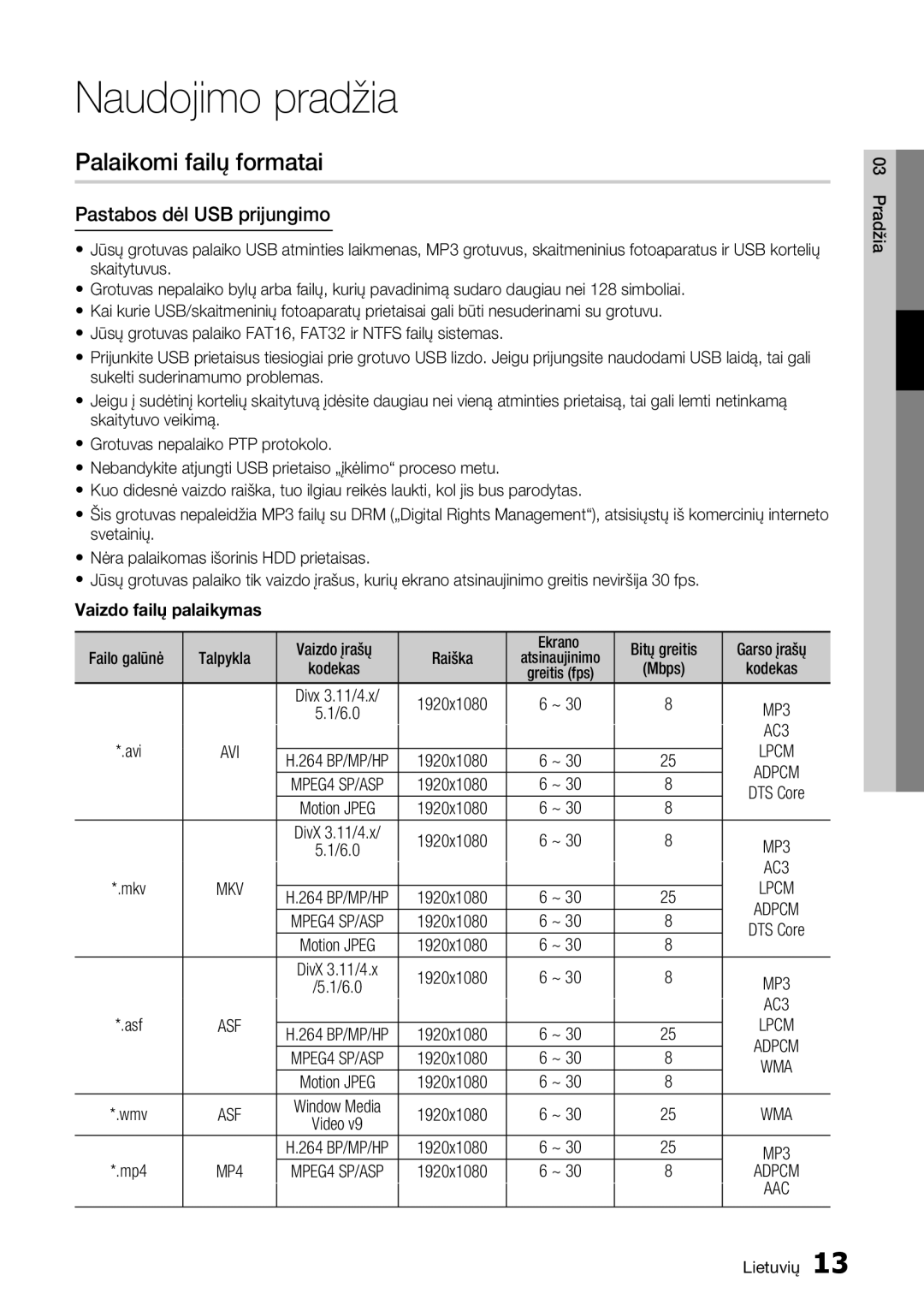 Samsung BD-D7000/EN Naudojimo pradžia, Palaikomi failų formatai, Pastabos dėl USB prijungimo, Vaizdo failų palaikymas 