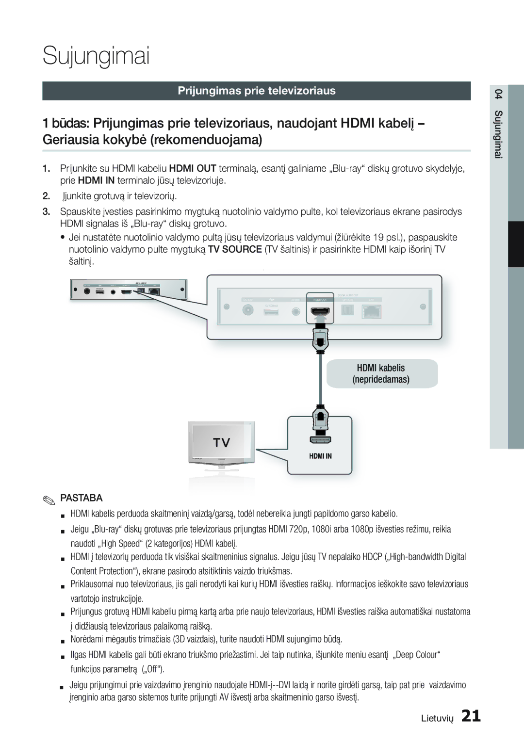 Samsung BD-D7000/EN manual Sujungimai, Prijungimas prie televizoriaus, Hdmi kabelis Nepridedamas 