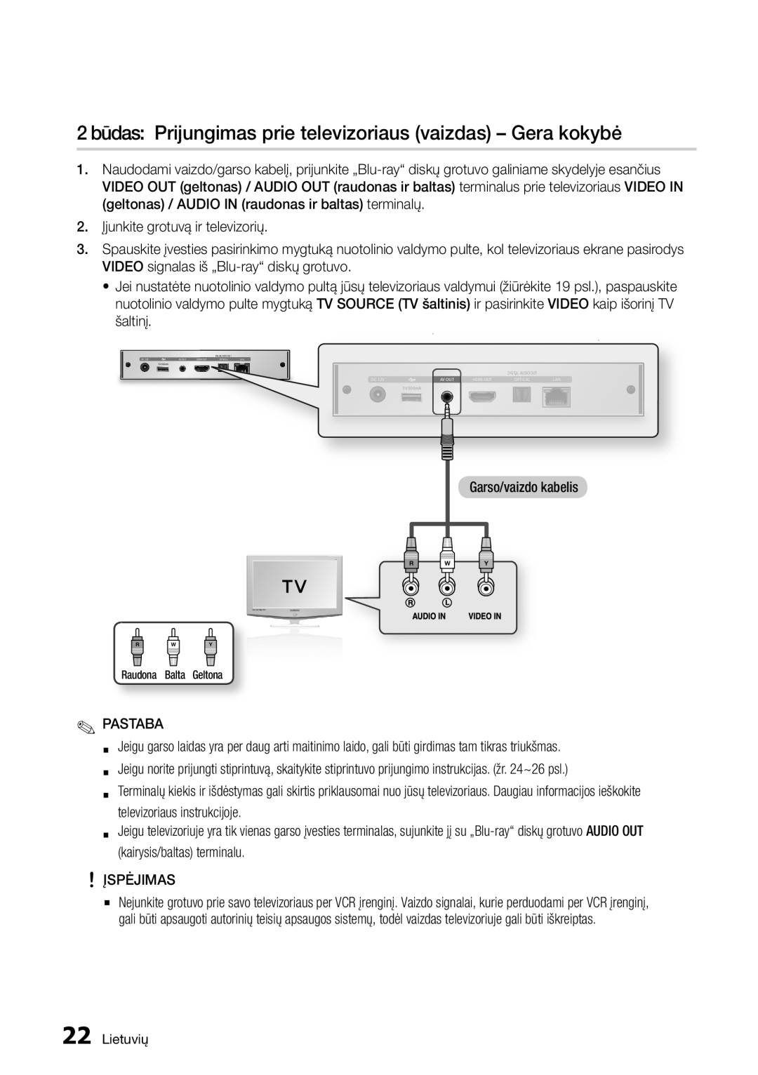 Samsung BD-D7000/EN manual Būdas Prijungimas prie televizoriaus vaizdas Gera kokybė, Įspėjimas 