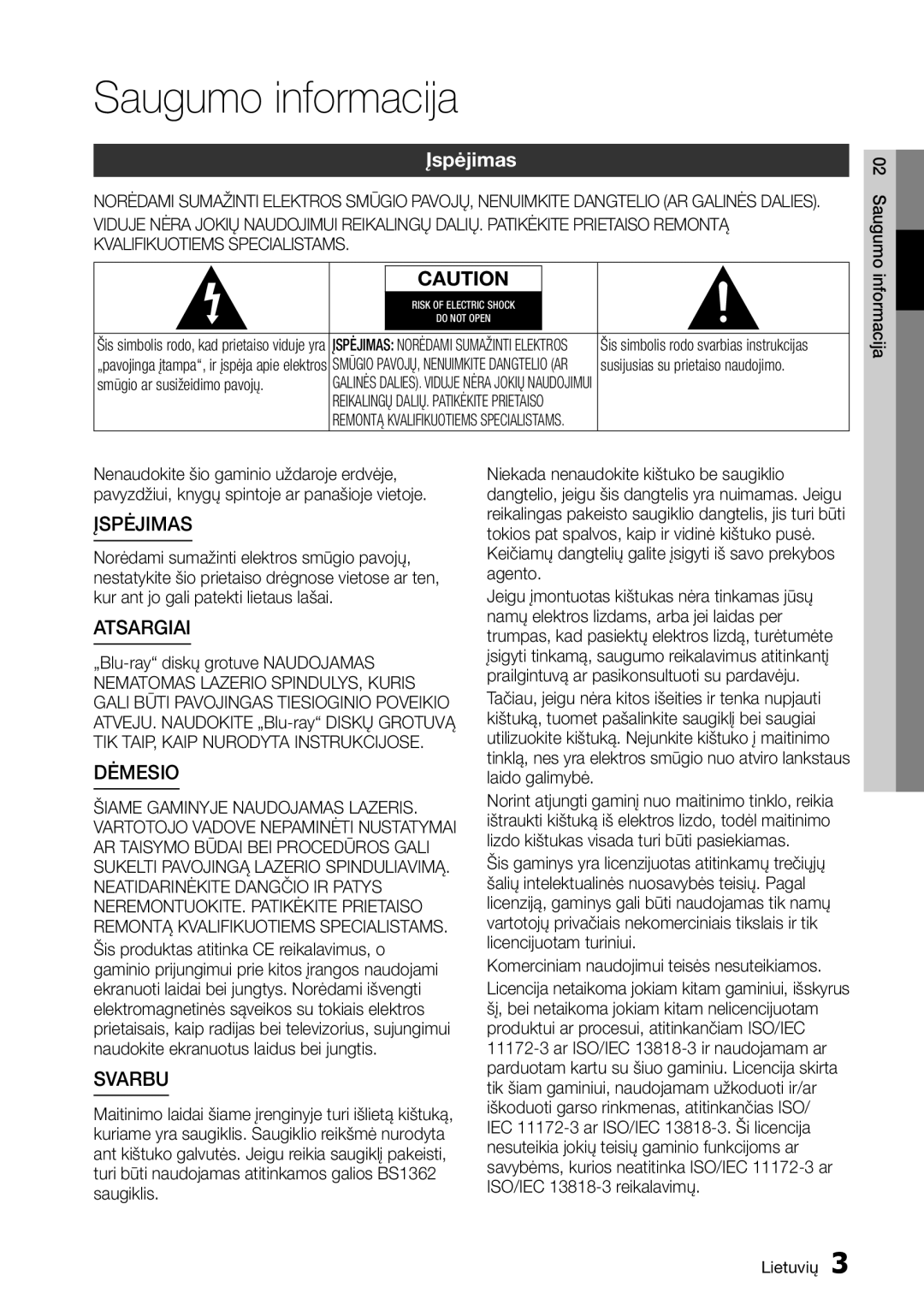 Samsung BD-D7000/EN manual Saugumo informacija, Įspėjimas 