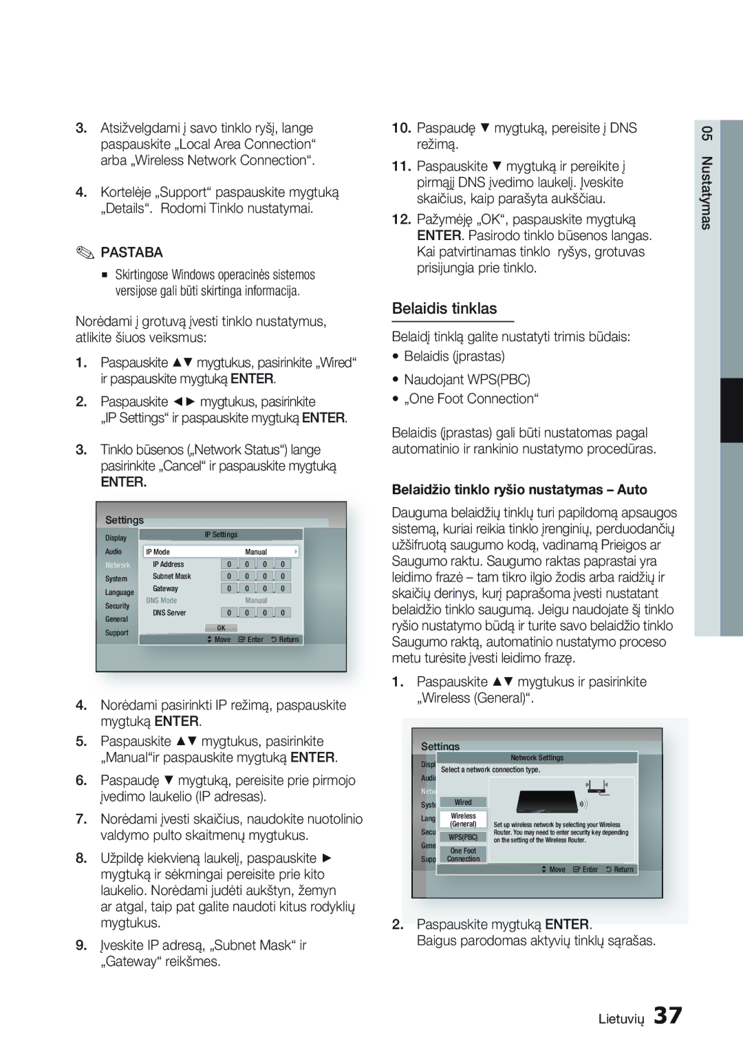 Samsung BD-D7000/EN manual Belaidis tinklas, Norėdami pasirinkti IP režimą, paspauskite mygtuką Enter 