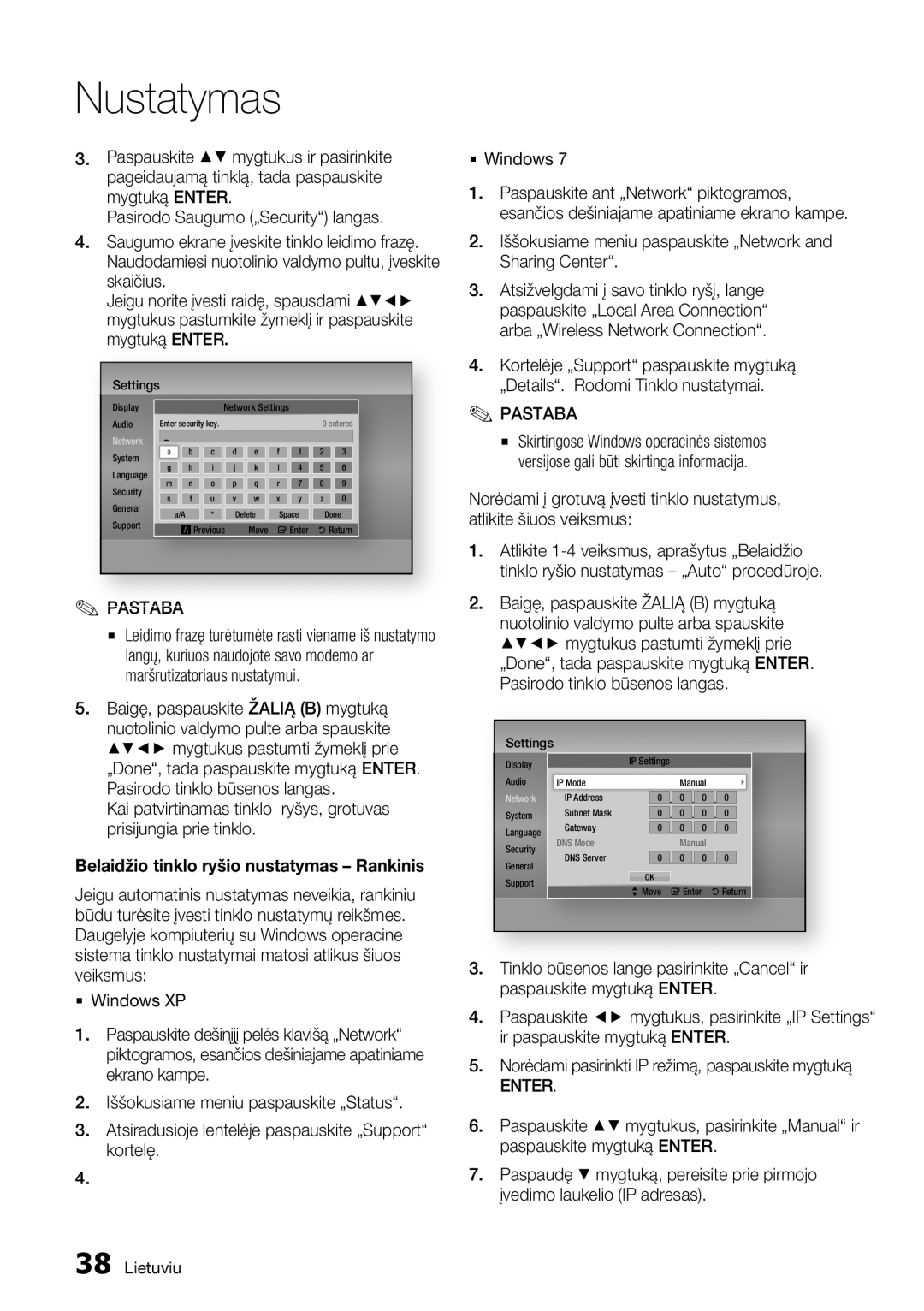 Samsung BD-D7000/EN manual Belaidžio tinklo ryšio nustatymas Rankinis 