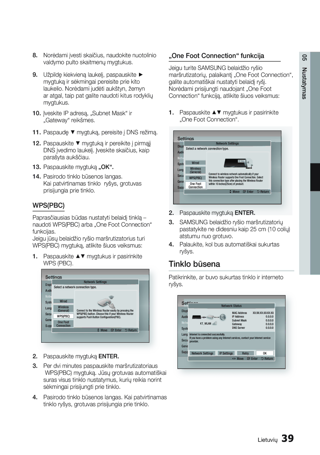 Samsung BD-D7000/EN manual Tinklo būsena, „One Foot Connection funkcija, Paspauskitepauskite mygtuką Enterer 