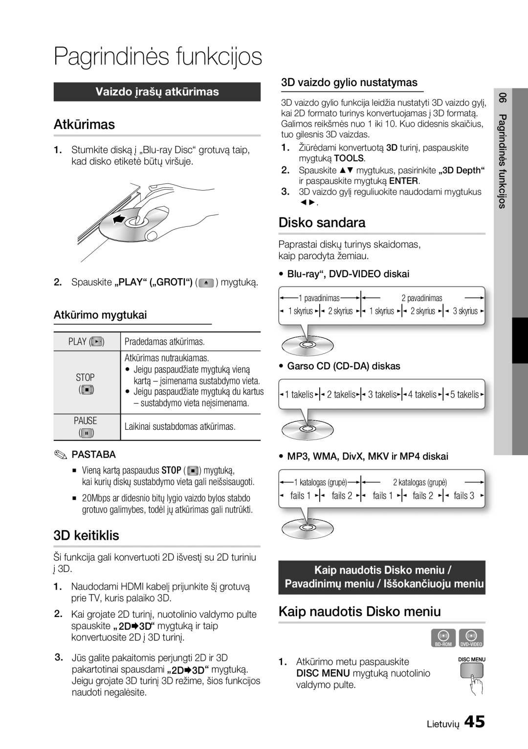 Samsung BD-D7000/EN manual Atkūrimas, 3D keitiklis, Disko sandara, Kaip naudotis Disko meniu, Vaizdo įrašų atkūrimas 