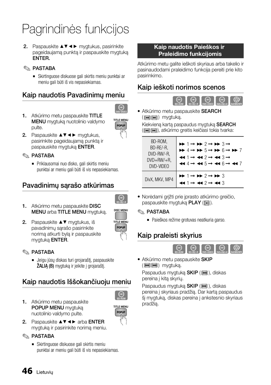 Samsung BD-D7000/EN manual Kaip naudotis Pavadinimų meniu, Pavadinimų sąrašo atkūrimas, Kaip naudotis Iššokančiuoju meniu 