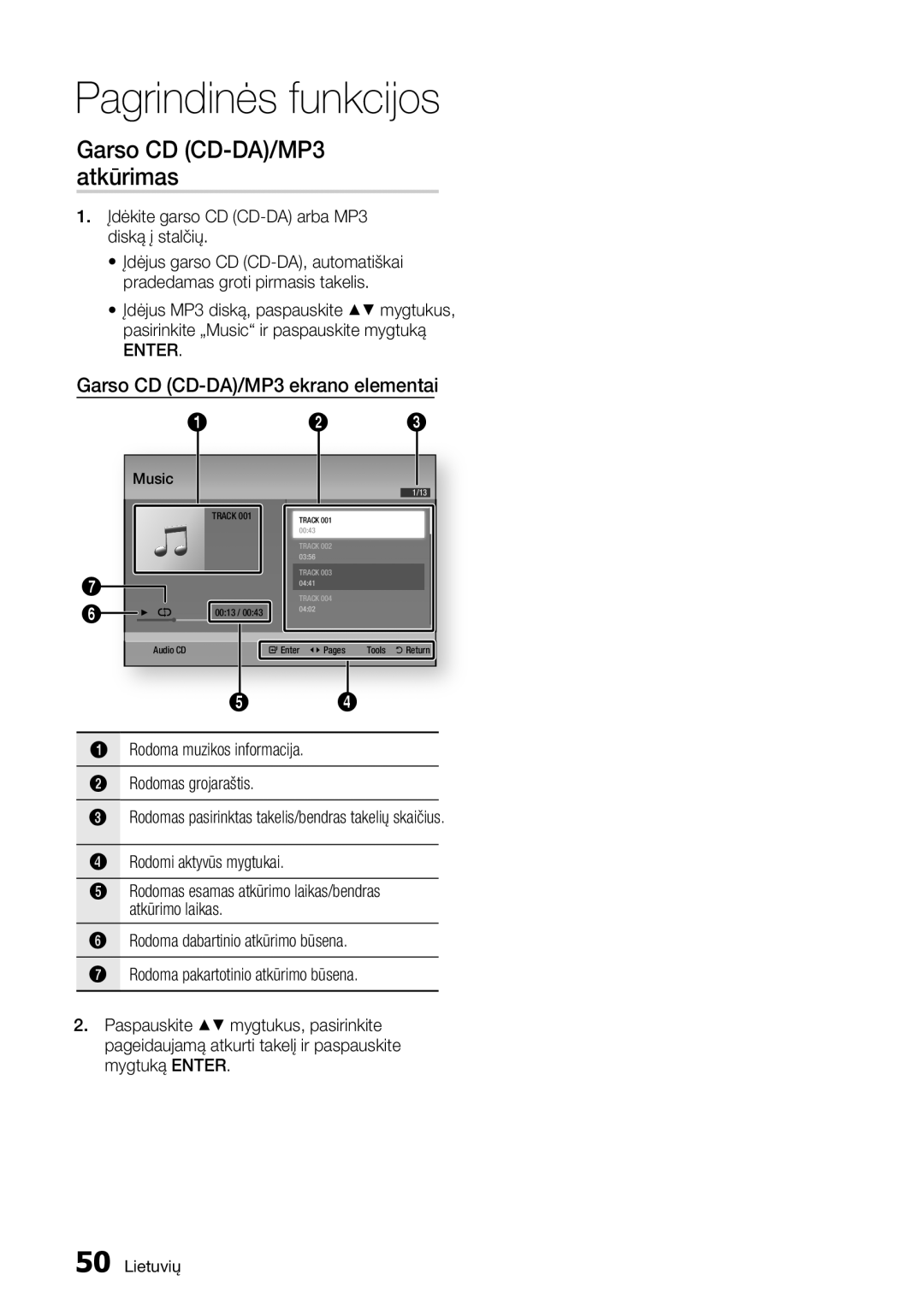 Samsung BD-D7000/EN manual Garso CD CD-DA/MP3 ekrano elementai, Įdėkite garso CD CD-DA arba MP3 diską į stalčių 