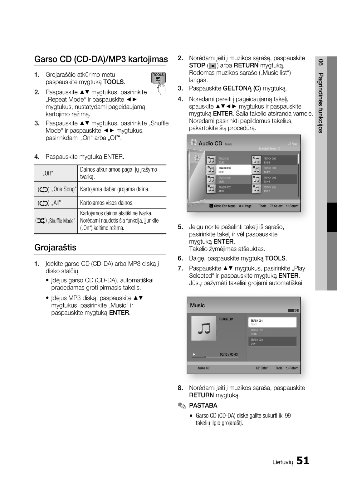 Samsung BD-D7000/EN manual Garso CD CD-DA/MP3 kartojimas, Grojaraštis 