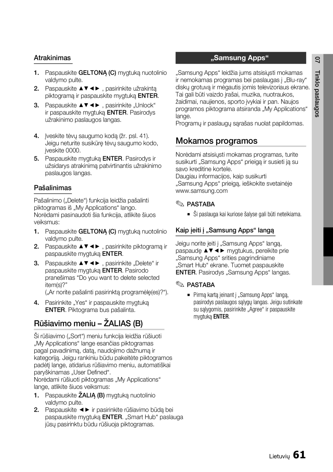 Samsung BD-D7000/EN manual Mokamos programos, Atrakinimas, Pašalinimas, Kaip įeiti į „Samsung Apps langą 