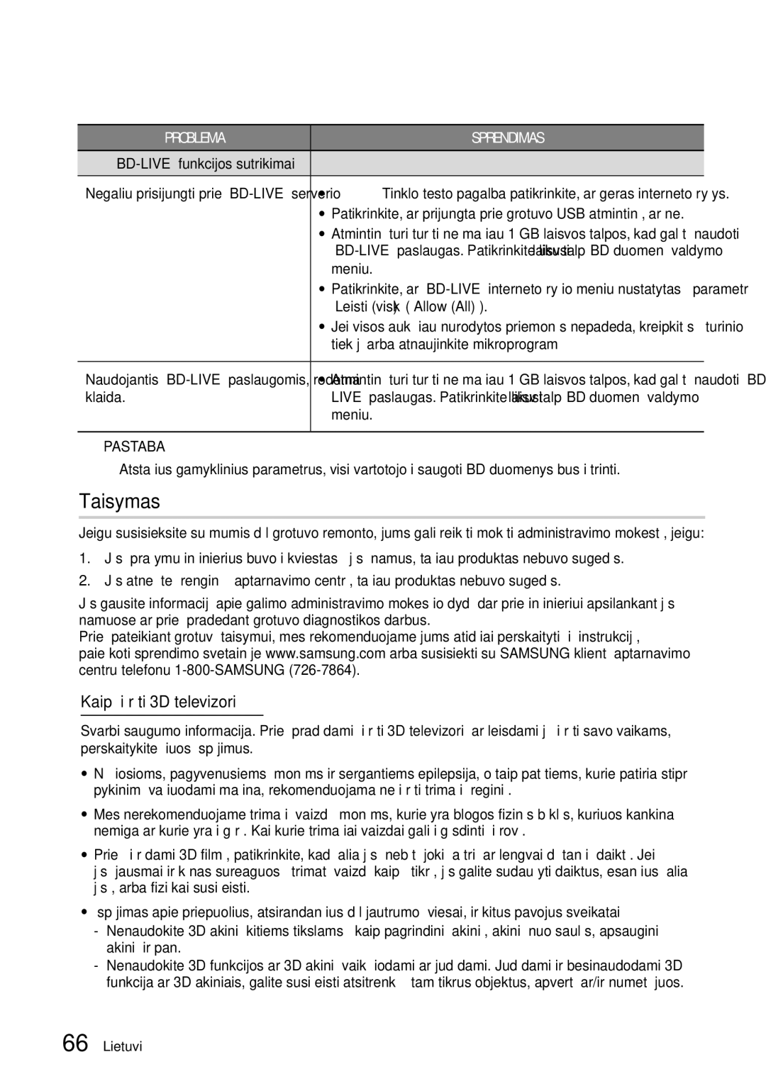 Samsung BD-D7000/EN manual Taisymas, Kaip žiūrėti 3D televizorių 